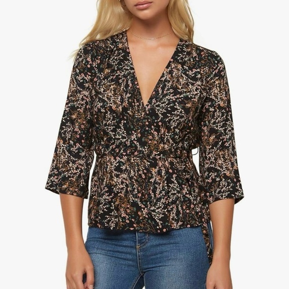 O’neill Vintage-Floral Print Surplice Wrap Blouse Short Sleeve Blouse 3/4 XL - Picture 1 of 6